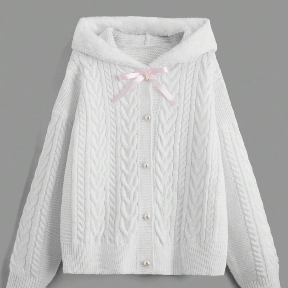 White Cable-Knit Hooded Sweater with Pearl Buttons